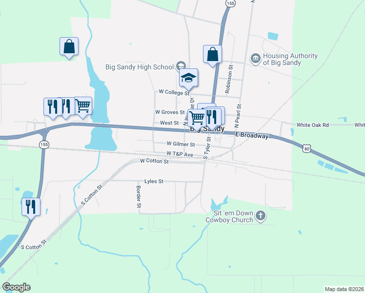 map of restaurants, bars, coffee shops, grocery stores, and more near 103 South Wildcat Drive in Big Sandy