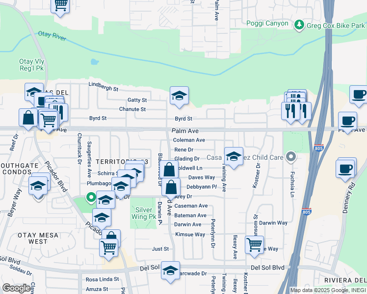 map of restaurants, bars, coffee shops, grocery stores, and more near 3936 Coleman Avenue in San Diego