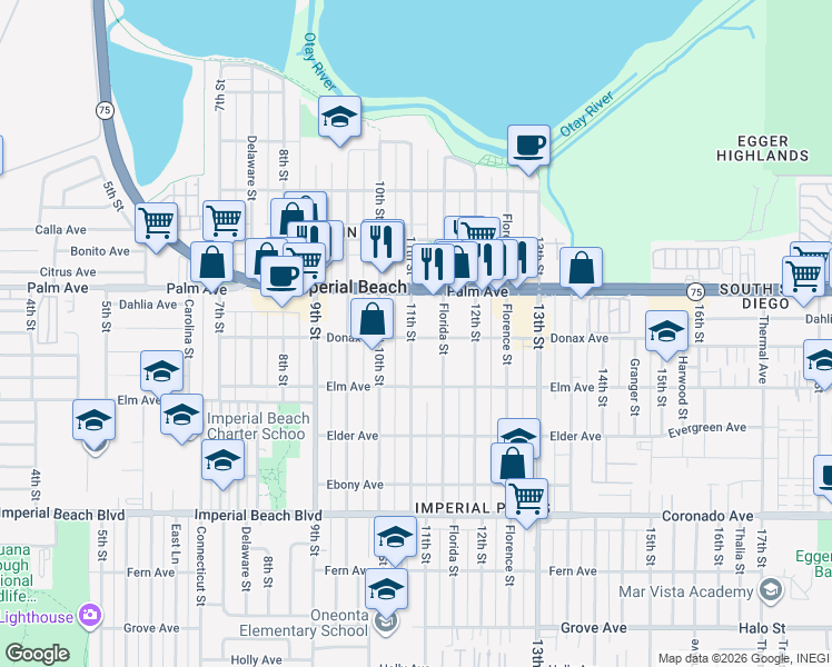 map of restaurants, bars, coffee shops, grocery stores, and more near 1100 Donax Avenue in Imperial Beach