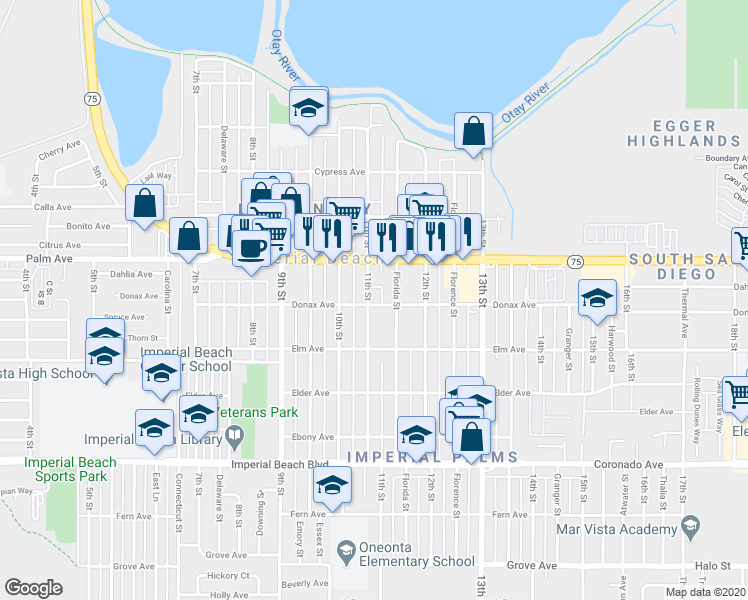 map of restaurants, bars, coffee shops, grocery stores, and more near 1102 Donax Avenue in Imperial Beach