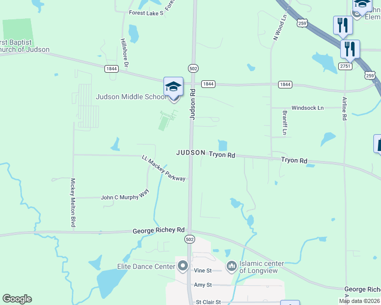 map of restaurants, bars, coffee shops, grocery stores, and more near in Longview