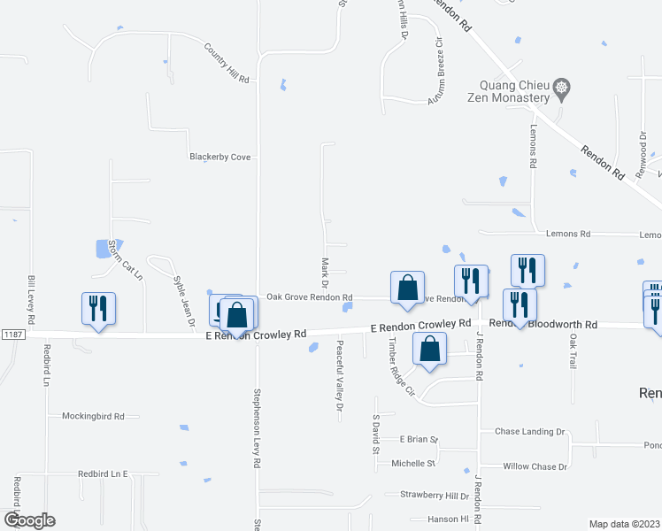map of restaurants, bars, coffee shops, grocery stores, and more near 3601 Ryan Court in Burleson