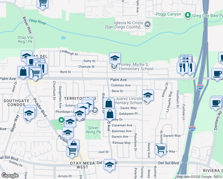 map of restaurants, bars, coffee shops, grocery stores, and more near 3916 Rene Drive in San Diego