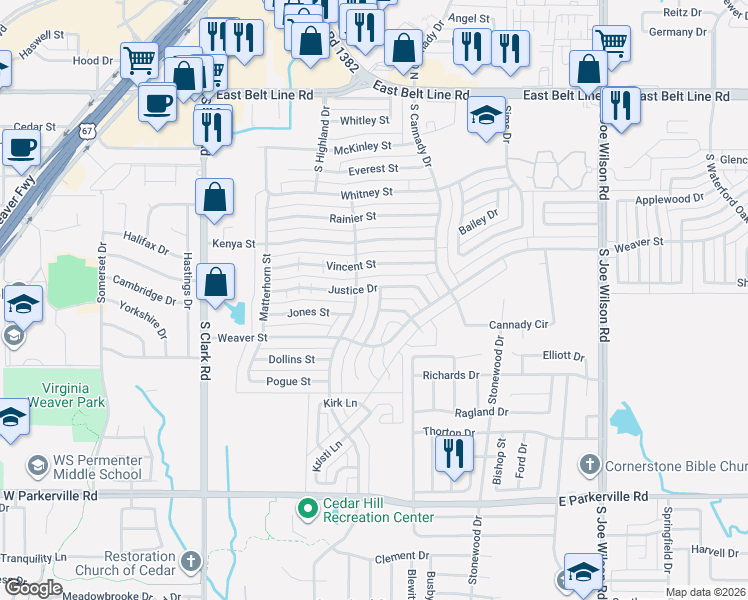 map of restaurants, bars, coffee shops, grocery stores, and more near 486 Justice Drive in Cedar Hill