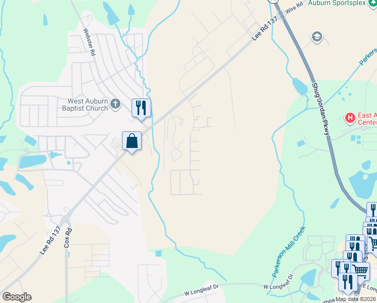 map of restaurants, bars, coffee shops, grocery stores, and more near 1100 Stonegate Drive in Auburn