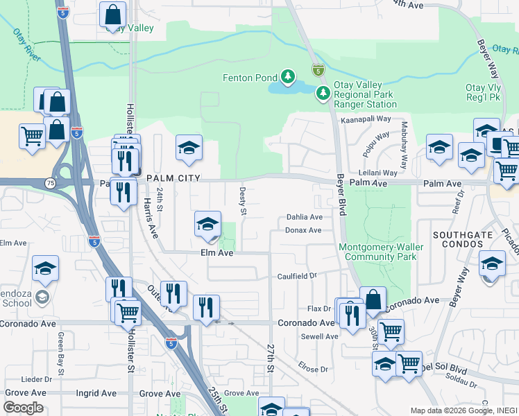 map of restaurants, bars, coffee shops, grocery stores, and more near 2645 McBurney Court in San Diego