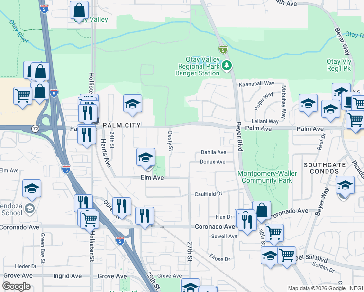 map of restaurants, bars, coffee shops, grocery stores, and more near 2645 McBurney Court in San Diego