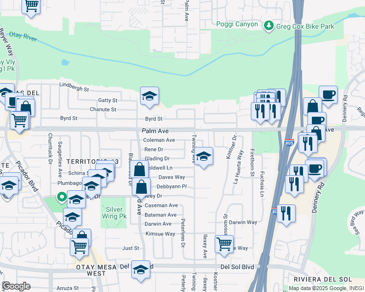 map of restaurants, bars, coffee shops, grocery stores, and more near 4058 Coleman Avenue in San Diego