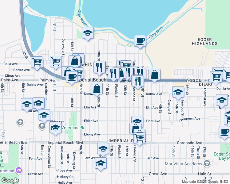 map of restaurants, bars, coffee shops, grocery stores, and more near 748 Florida Street in Imperial Beach