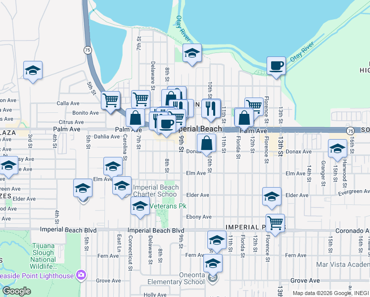 map of restaurants, bars, coffee shops, grocery stores, and more near 749 9th Street in Imperial Beach