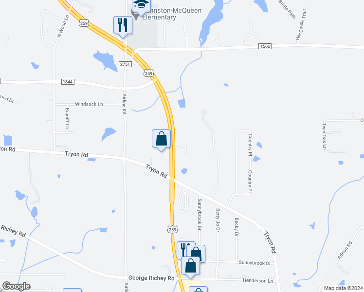 map of restaurants, bars, coffee shops, grocery stores, and more near 5068 U.S. 259 in Longview