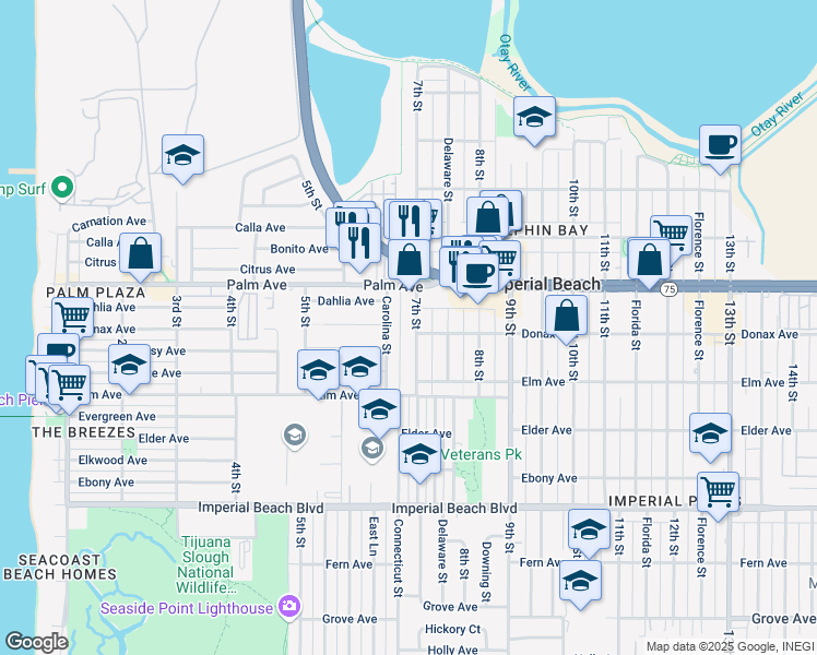 map of restaurants, bars, coffee shops, grocery stores, and more near 768 7th Street in Imperial Beach