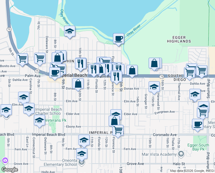 map of restaurants, bars, coffee shops, grocery stores, and more near 753 12th Street in Imperial Beach