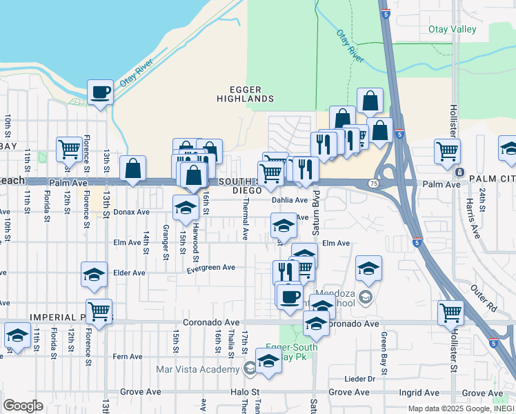 map of restaurants, bars, coffee shops, grocery stores, and more near 1733 Dahlia Avenue in San Diego