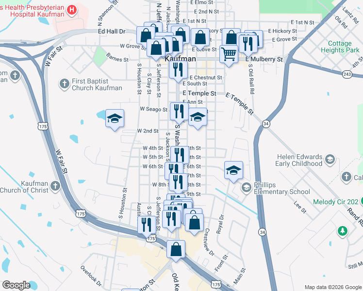 map of restaurants, bars, coffee shops, grocery stores, and more near 1007 South Washington Street in Kaufman