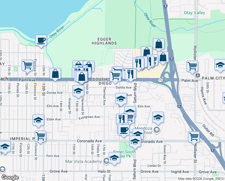 map of restaurants, bars, coffee shops, grocery stores, and more near 1749-51 Dahlia Avenue in San Diego