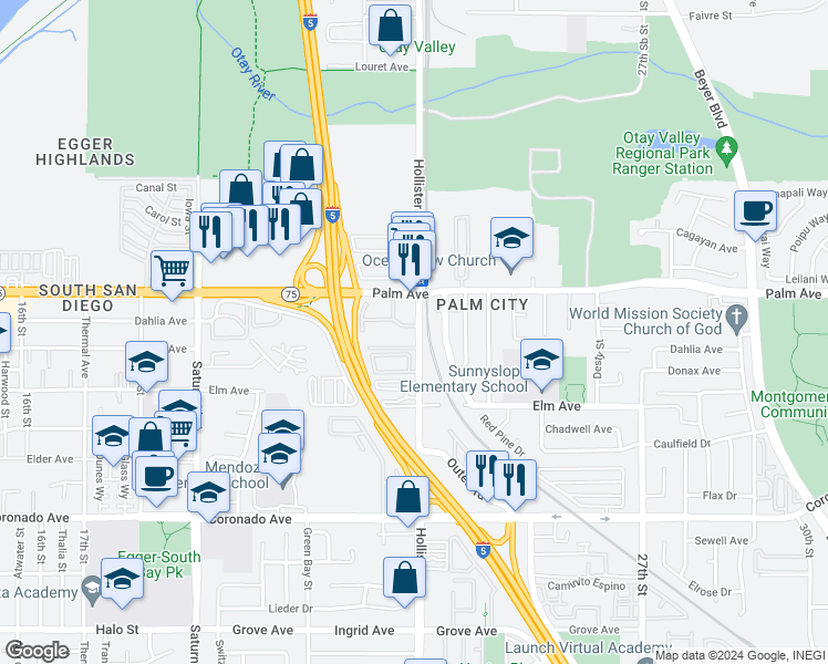 map of restaurants, bars, coffee shops, grocery stores, and more near in San Diego