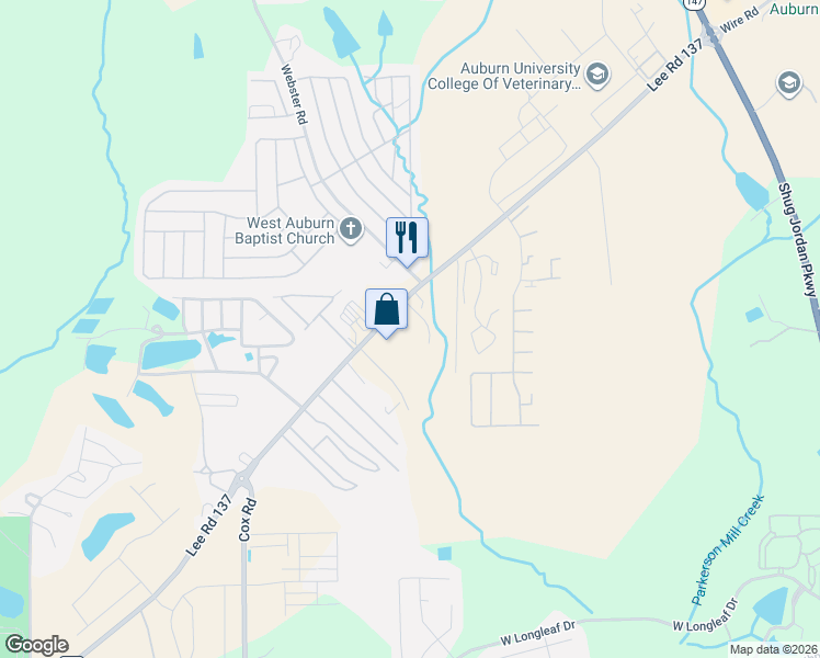 map of restaurants, bars, coffee shops, grocery stores, and more near 1957 County Road 137 in Auburn
