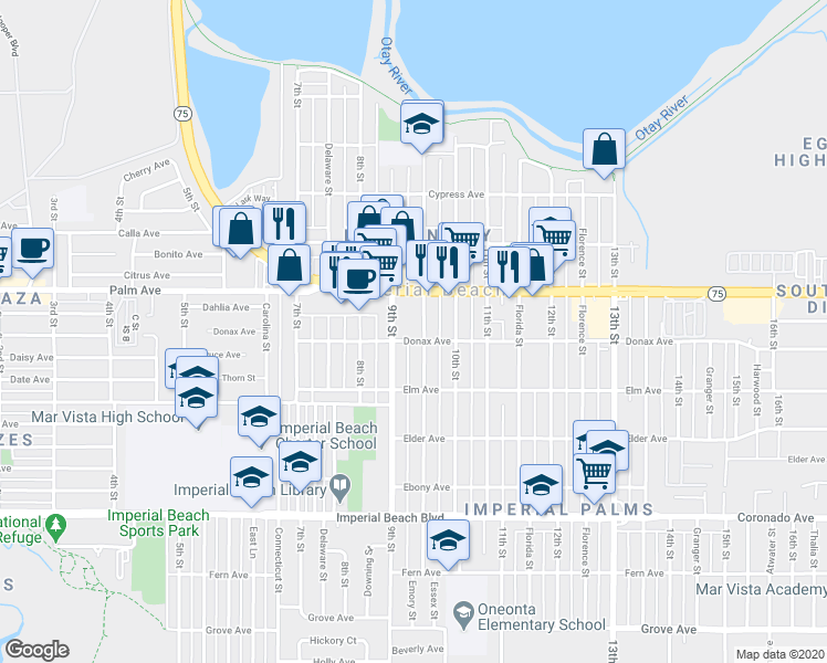 map of restaurants, bars, coffee shops, grocery stores, and more near in Imperial Beach