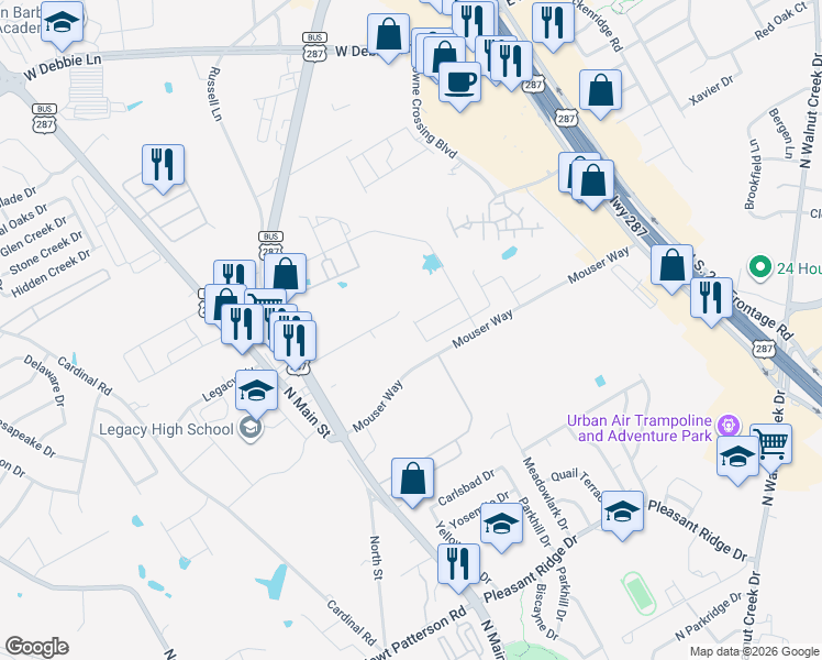map of restaurants, bars, coffee shops, grocery stores, and more near 1213 Westcoat Terrace in Mansfield