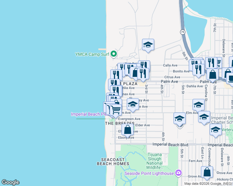 map of restaurants, bars, coffee shops, grocery stores, and more near 757 Seacoast Drive in Imperial Beach