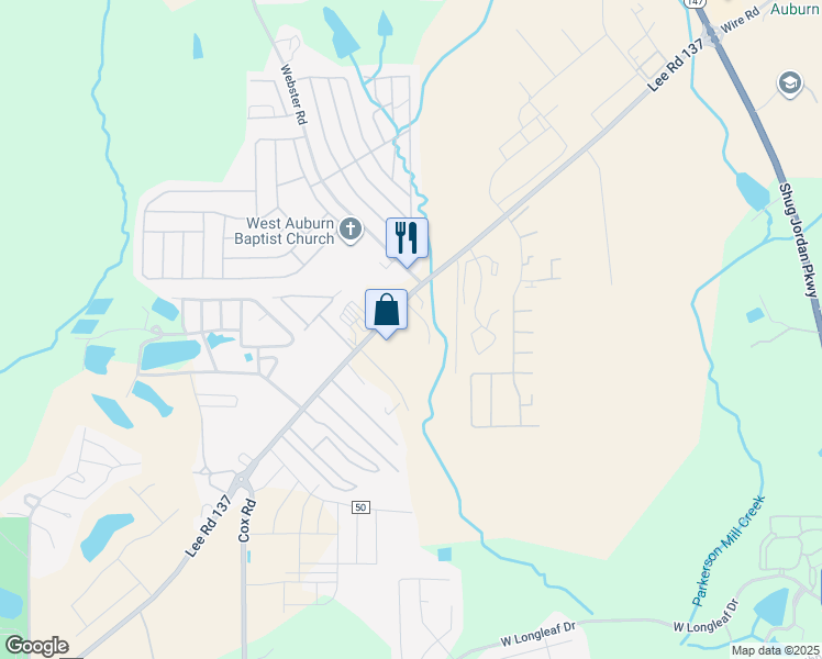 map of restaurants, bars, coffee shops, grocery stores, and more near 1957 County Road 137 in Auburn