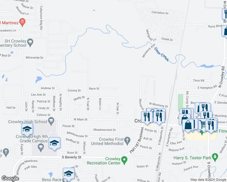 map of restaurants, bars, coffee shops, grocery stores, and more near 608 Race Street in Crowley