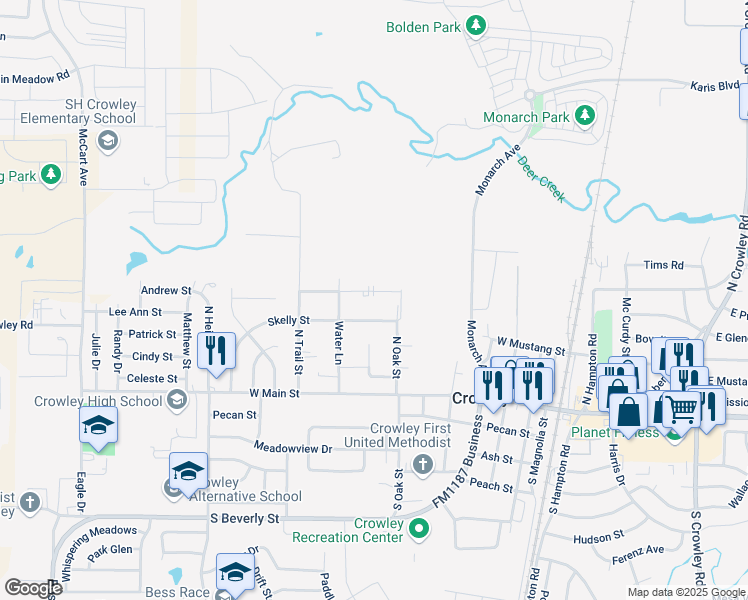 map of restaurants, bars, coffee shops, grocery stores, and more near 608 Race Street in Crowley