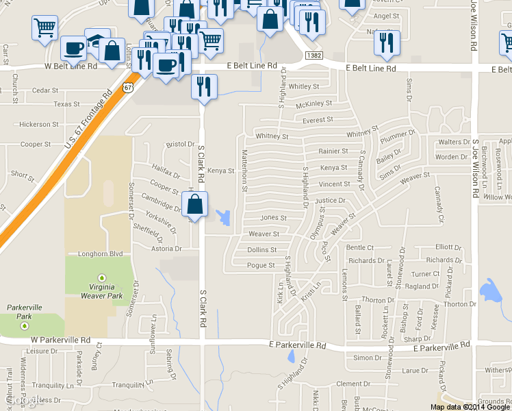 map of restaurants, bars, coffee shops, grocery stores, and more near 409 Justice Drive in Cedar Hill