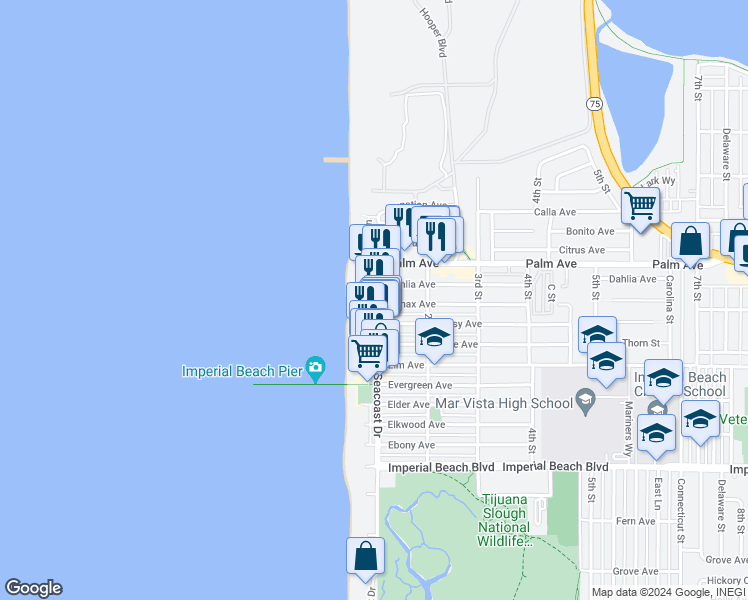 map of restaurants, bars, coffee shops, grocery stores, and more near 710 Seacoast Drive in Imperial Beach