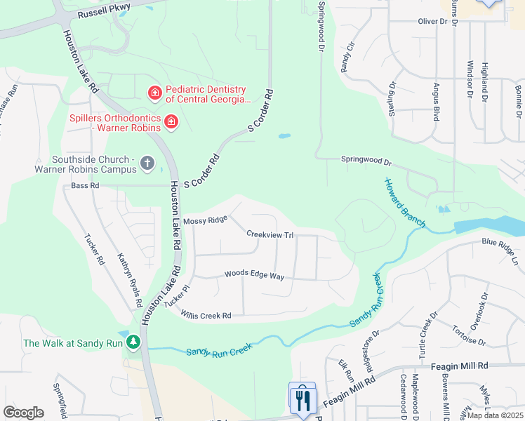 map of restaurants, bars, coffee shops, grocery stores, and more near 86 Satilla Lane in Warner Robins