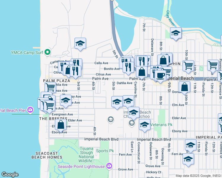 map of restaurants, bars, coffee shops, grocery stores, and more near 738 5th Street in Imperial Beach