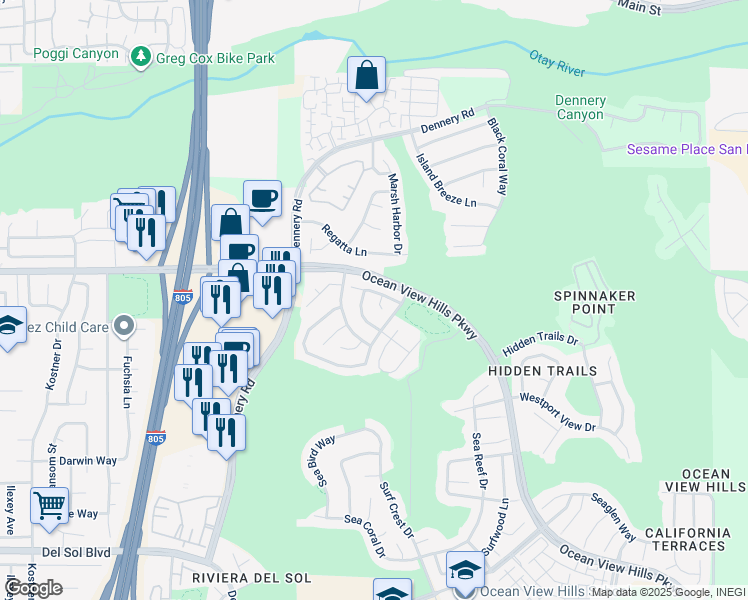 map of restaurants, bars, coffee shops, grocery stores, and more near 732 Silver Shoals Point in San Diego
