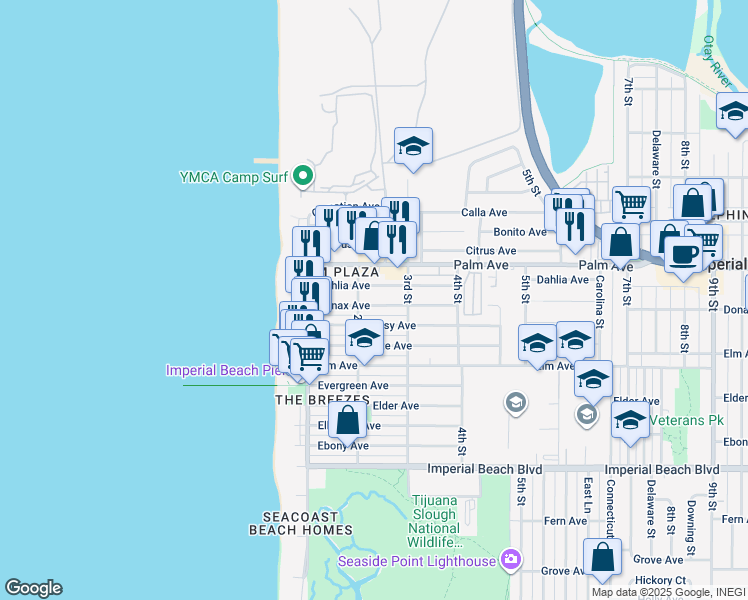 map of restaurants, bars, coffee shops, grocery stores, and more near 231 Dahlia Avenue in Imperial Beach
