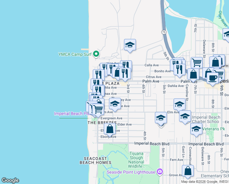 map of restaurants, bars, coffee shops, grocery stores, and more near 231 Dahlia Avenue in Imperial Beach