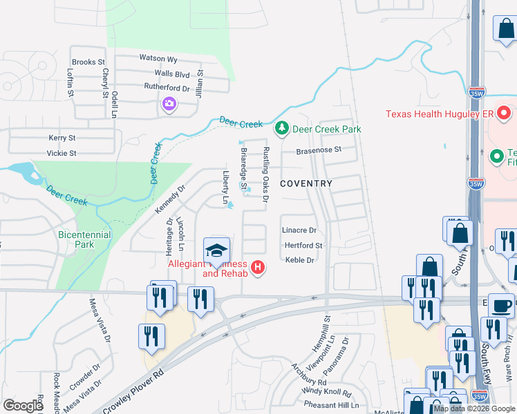 map of restaurants, bars, coffee shops, grocery stores, and more near 821 Woodmark Drive in Crowley