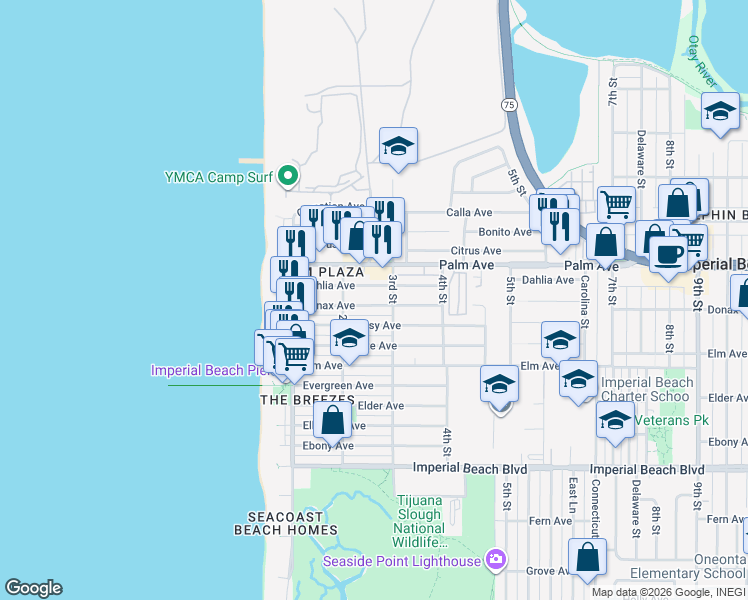 map of restaurants, bars, coffee shops, grocery stores, and more near 231 Dahlia Avenue in Imperial Beach