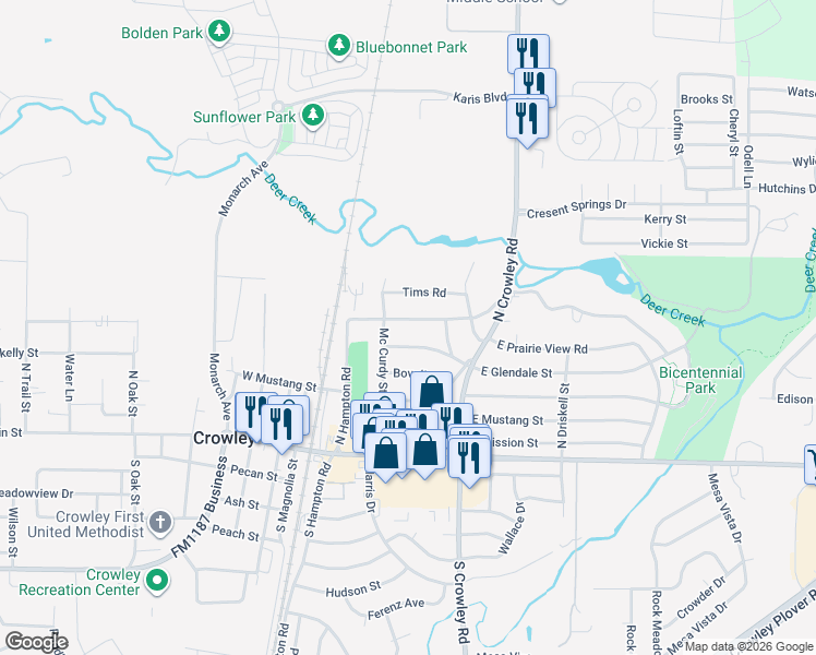 map of restaurants, bars, coffee shops, grocery stores, and more near 301 East Hampton Road in Crowley