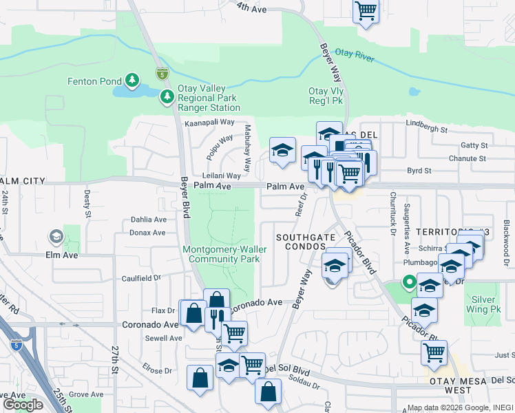 map of restaurants, bars, coffee shops, grocery stores, and more near 3071 Magellan Street in San Diego