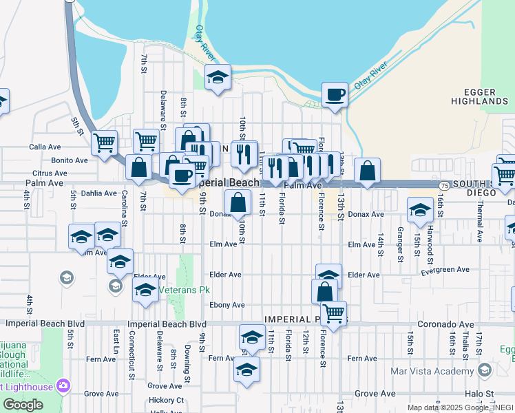 map of restaurants, bars, coffee shops, grocery stores, and more near 750 11th Street in Imperial Beach