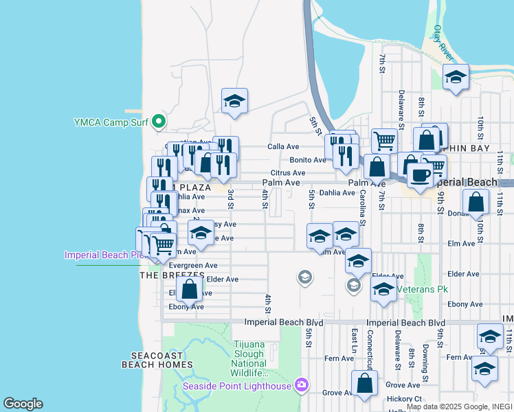 map of restaurants, bars, coffee shops, grocery stores, and more near 339 Dahlia Avenue in Imperial Beach