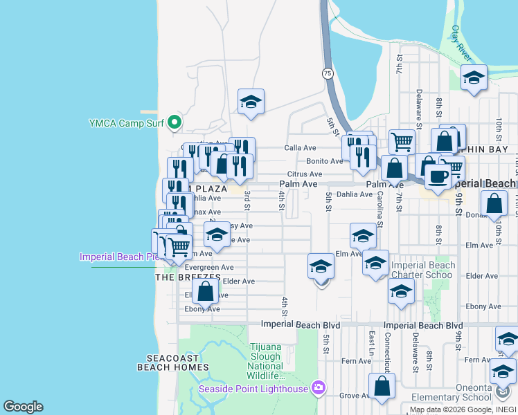 map of restaurants, bars, coffee shops, grocery stores, and more near 339 Dahlia Avenue in Imperial Beach