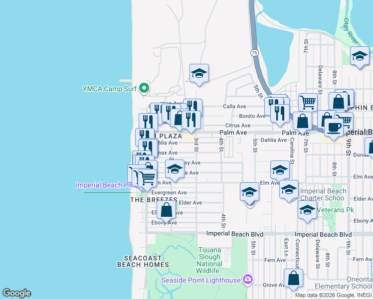 map of restaurants, bars, coffee shops, grocery stores, and more near 231 Dahlia Avenue in Imperial Beach