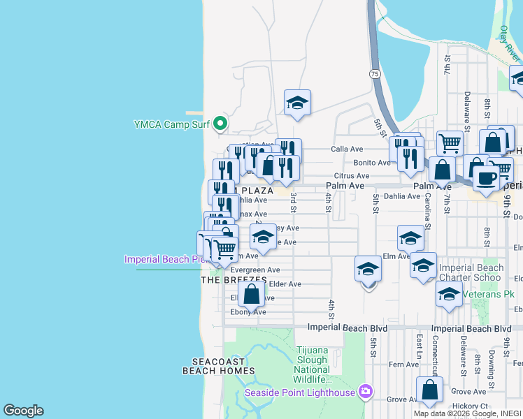 map of restaurants, bars, coffee shops, grocery stores, and more near 231 Dahlia Avenue in Imperial Beach