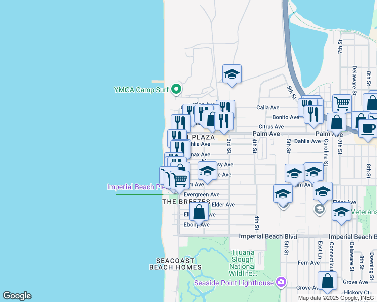 map of restaurants, bars, coffee shops, grocery stores, and more near 155 Dahlia Avenue in Imperial Beach