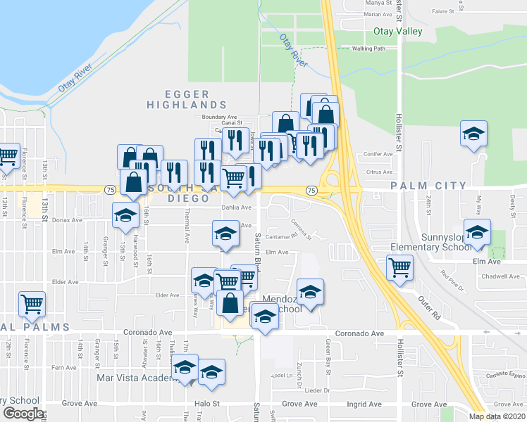 map of restaurants, bars, coffee shops, grocery stores, and more near 1905 Avenida Del Mexico in San Diego