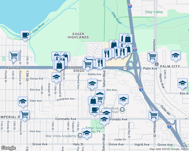 map of restaurants, bars, coffee shops, grocery stores, and more near 1815 Dahlia Avenue in San Diego