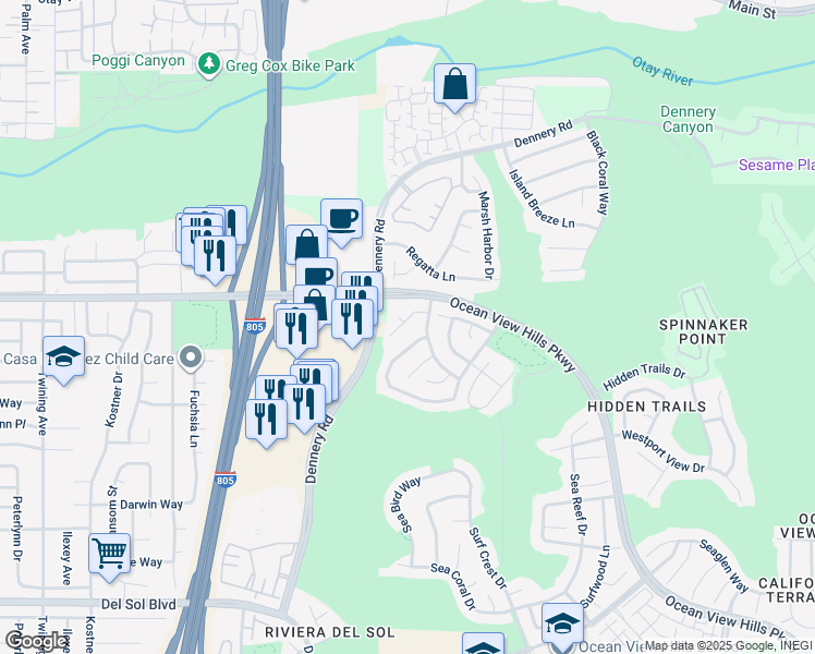 map of restaurants, bars, coffee shops, grocery stores, and more near 4747 Camberley Court in San Diego