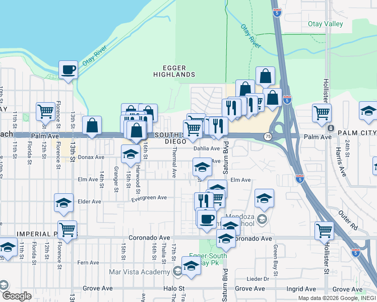 map of restaurants, bars, coffee shops, grocery stores, and more near 1749-51 Dahlia Avenue in San Diego