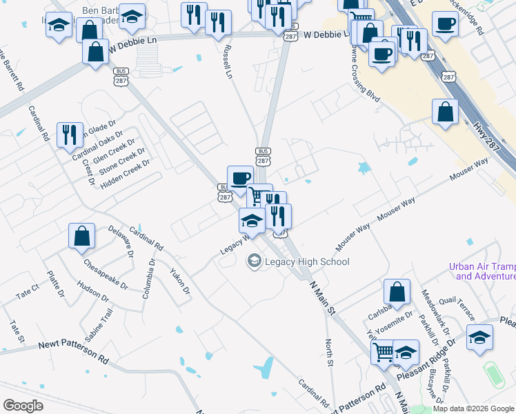map of restaurants, bars, coffee shops, grocery stores, and more near 110 Farm to Market Road 157 in Mansfield